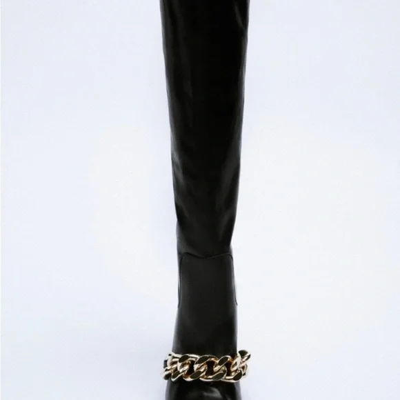 Zara Heeled Leather Knee High Boots With Chain Detail - Picture 4 of 16
